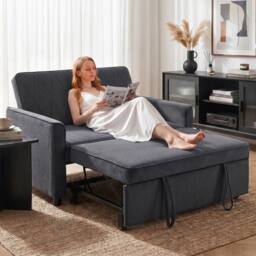 HOMCOM 2 Seater Sofa Bed, 3-in-1 Velvet Pull Out Sleeper Sofa, Dark Grey - thumbnail 1