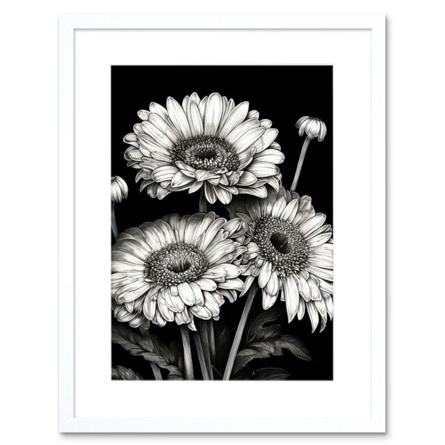 "Artery8 Wall Art Print Black & White Gerbera Flowers Dark Artwork Framed 9X7 Inch - Size: W7"" x H9""" - image 1