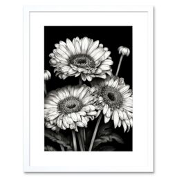 "Artery8 Wall Art Print Black & White Gerbera Flowers Dark Artwork Framed 9X7 Inch - Size: W7"" x H9""" - thumbnail 1