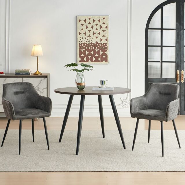 SONARA Dark Walnut Round Dining Table with 2 Faux Suede Dining Chairs Set in Grey - image 1