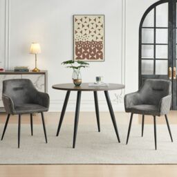 SONARA Dark Walnut Round Dining Table with 2 Faux Suede Dining Chairs Set in Grey - thumbnail 1