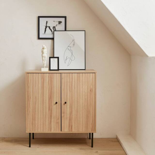 sweeek 83.5cm storage cabinet with grooved wooden-effect in Beige - image 1