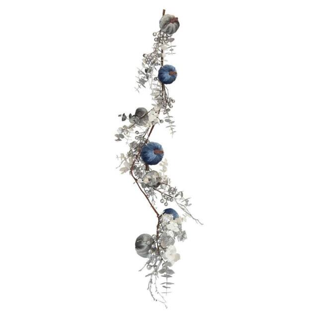 VFM e-Store Christmas Velvet Pumpkin Leaves Berries Garland 120cm x 28cm Blue X 1 - Size: 120 cm x 28 cm - image 1