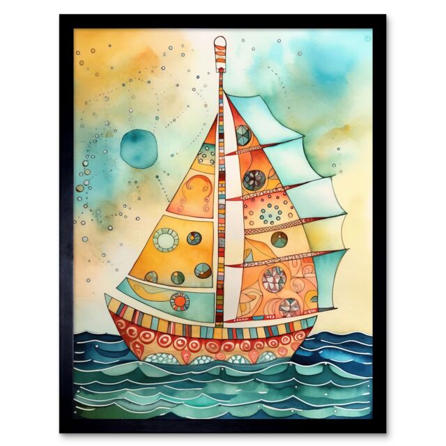 "Artery8 Wall Art Print Sailboat Concept With Dorsal Fin Sail Folk Art Framed in Black - Size: W12"" x H16""" - image 1