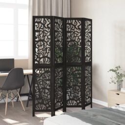 Berkfield Home Room Divider 4 Panels Black Solid Wood Paulownia - thumbnail 3