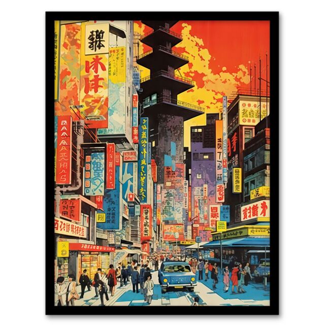 "Artery8 Wall Art Print Downtown Tokyo Street Scene 1960's Orange & Yellow Vibrant Bold Bright Colourful Painting Art Framed - Size: W12"" x H16""" - image 1