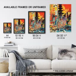 "Artery8 Wall Art Print Downtown Tokyo Street Scene 1960's Orange & Yellow Vibrant Bold Bright Colourful Painting Art Framed - Size: W12"" x H16""" - thumbnail 3