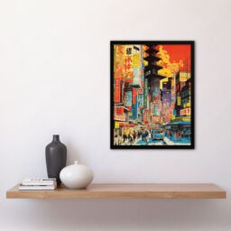 "Artery8 Wall Art Print Downtown Tokyo Street Scene 1960's Orange & Yellow Vibrant Bold Bright Colourful Painting Art Framed - Size: W12"" x H16""" - thumbnail 4