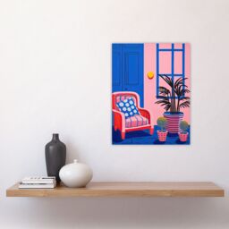 "Artery8 Wall Art Print My Favourite Place Graphic Painting Pink Blue Cosy Armchair & Potted Plants Poster - Size: W18"" x H24""" - thumbnail 4