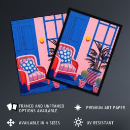 "Artery8 Wall Art Print My Favourite Place Graphic Painting Pink Blue Cosy Armchair & Potted Plants Poster - Size: W18"" x H24""" - thumbnail 2
