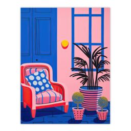 "Artery8 Wall Art Print My Favourite Place Graphic Painting Pink Blue Cosy Armchair & Potted Plants Poster - Size: W18"" x H24""" - thumbnail 1