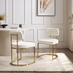 Modish Furnishing Rhea Set Of 2 White Chenille Fabric Dining Chair with Handle On Gold Frame