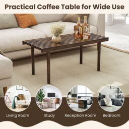 Costway Modern Coffee Table Accent Center Tea Table Cocktail Table with Slatted Tabletop in Brown - thumbnail 6