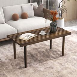 Costway Modern Coffee Table Accent Center Tea Table Cocktail Table with Slatted Tabletop in Brown - thumbnail 3