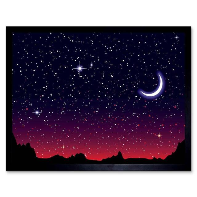 "Artery8 Painting Starry Night Sky Crescent Moon 12x16"" Framed Wall Art in Red - Size: W12"" x H16""" - image 1