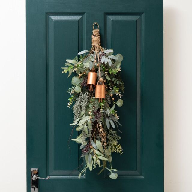 Scottish Everlastings Ltd Artificial 80cm Rustic Teardrop Wreath (Swag) with Bells in Green - image 1