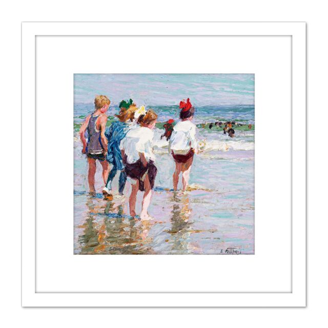 Artery8 Potthast Summer Day Brighton Beach Painting 8X8 Inch Square Wooden Framed Wall Art Print Picture with Mount in White - image 1
