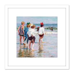 Artery8 Potthast Summer Day Brighton Beach Painting 8X8 Inch Square Wooden Framed Wall Art Print Picture with Mount in White - thumbnail 1