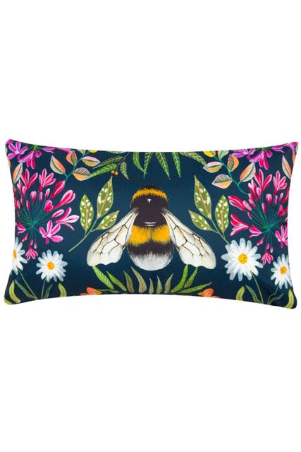 Wylder Nature House of Bloom Zinnia Bee Rectangular Water & UV Resistant Outdoor Cushion in Navy - Size: 30 cm x 50 cm