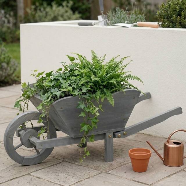 Garden Greatness Rustic Wooden Wheelbarrow Garden Planter in Grey - image 1