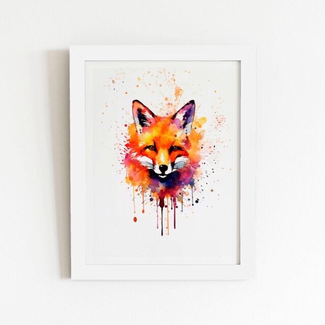 "Warren Reed - Designer Watercolour Splashart Fox Face Framed Art Print in White - Size: W16"" x H24""" - image 1