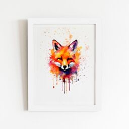 "Warren Reed - Designer Watercolour Splashart Fox Face Framed Art Print in White - Size: W16"" x H24""" - thumbnail 1