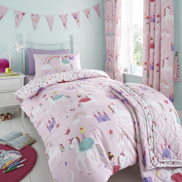 Happy Linen Company Kids Castle Unicorns Princess Reversible Duvet Cover Bedding Set in Pink - Size: Single - image 1