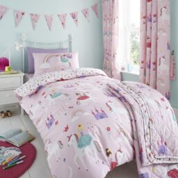 Happy Linen Company Kids Castle Unicorns Princess Reversible Duvet Cover Bedding Set in Pink - Size: Single - thumbnail 1