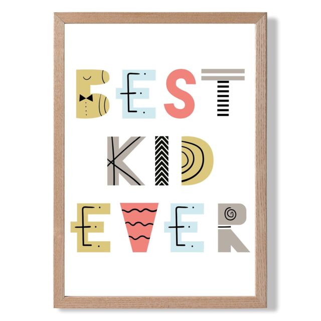 ARTZE Cute Best Ever Kid Scandi Quote Framed Print SIZE: A2 with Oak Frame in Yellow - Size: A4 - image 1