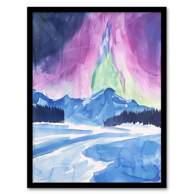 Artery8 Abstract Northern Lights Aurora Borealis in Winter Framed Art Print in Blue - Size: A4 - image 1