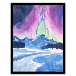Artery8 Abstract Northern Lights Aurora Borealis in Winter Framed Art Print in Blue - Size: A4 - thumbnail 1