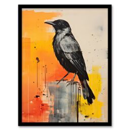 Artery8 Wall Art Print The Enigmatic Crow Bird Portrait Grey & Orange Framed - Size: A4 - thumbnail 1
