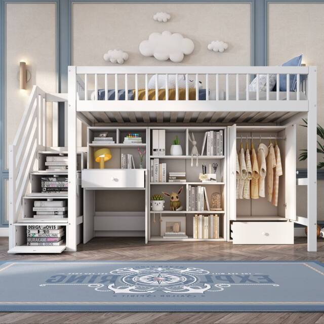 Merax 3FT Single High Sleeper Bed with Desk, Wardrobe & Storage Steps in White - image 1