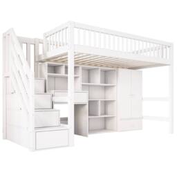 Merax 3FT Single High Sleeper Bed with Desk, Wardrobe & Storage Steps in White - thumbnail 8