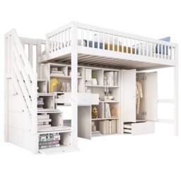 Merax 3FT Single High Sleeper Bed with Desk, Wardrobe & Storage Steps in White - thumbnail 6
