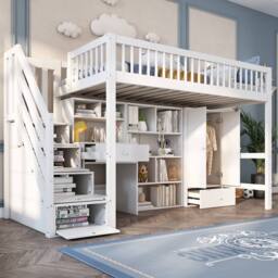 Merax 3FT Single High Sleeper Bed with Desk, Wardrobe & Storage Steps in White - thumbnail 2