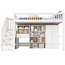 Merax 3FT Single High Sleeper Bed with Desk, Wardrobe & Storage Steps in White - thumbnail 5