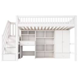 Merax 3FT Single High Sleeper Bed with Desk, Wardrobe & Storage Steps in White - thumbnail 7