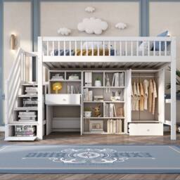 Merax 3FT Single High Sleeper Bed with Desk, Wardrobe & Storage Steps in White