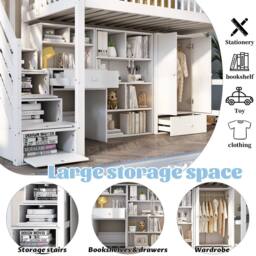 Merax 3FT Single High Sleeper Bed with Desk, Wardrobe & Storage Steps in White - thumbnail 3