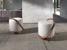 Angel Cerda White Fabric Pouffe 52x47x54 cm Walnut-Coloured Base - Size: 52 x 47 x 54 cm - thumbnail 3