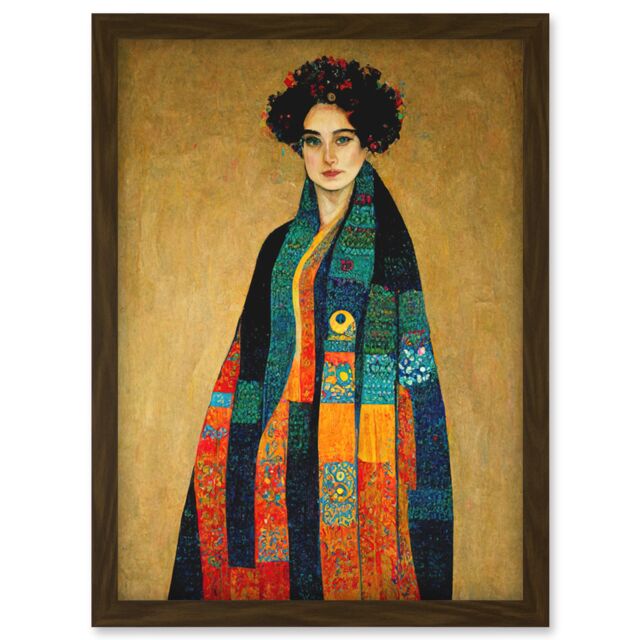 Artery8 Gustav Klimt Inspired Female Portrait Woman Artwork Framed Wall Art Print A4 in Brown - image 1