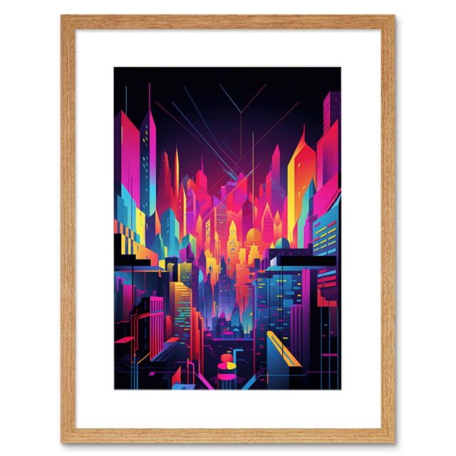 "Artery8 Wall Art Print Neon Light Colour Abstract Metropolis Cityscape at Night Modern Artwork Framed 9X7 Inch in Beige - Size: W7"" x H9""" - image 1