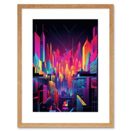 "Artery8 Wall Art Print Neon Light Colour Abstract Metropolis Cityscape at Night Modern Artwork Framed 9X7 Inch in Beige - Size: W7"" x H9""" - thumbnail 1