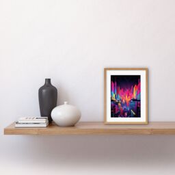 "Artery8 Wall Art Print Neon Light Colour Abstract Metropolis Cityscape at Night Modern Artwork Framed 9X7 Inch in Beige - Size: W7"" x H9""" - thumbnail 2