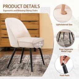 SONARA Set of 2 Modern Bouclé Fabric Dining Chairs with Metal Legs in White - thumbnail 4