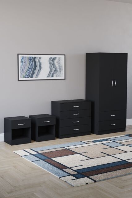 Home Discount Riano 4 Piece Bedroom Set - 1 Drawer Bedside, 4 Drawer Chest, Wardrobe in Black - image 1