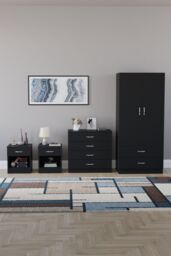 Home Discount Riano 4 Piece Bedroom Set - 1 Drawer Bedside, 4 Drawer Chest, Wardrobe in Black - thumbnail 4