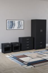Home Discount Riano 4 Piece Bedroom Set - 1 Drawer Bedside, 4 Drawer Chest, Wardrobe in Black