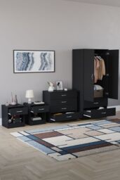 Home Discount Riano 4 Piece Bedroom Set - 1 Drawer Bedside, 4 Drawer Chest, Wardrobe in Black - thumbnail 2